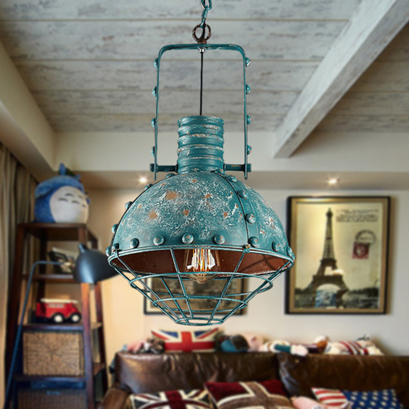 Wire Cage Metallic Down Lighting Rustic 1 Bulb Dining Room Handle Drop Pendant Lamp in Blue-Green Blue-Green Clearhalo 'Art Deco Pendants' 'Cast Iron' 'Ceiling Lights' 'Ceramic' 'Crystal' 'Industrial Pendants' 'Industrial' 'Metal' 'Middle Century Pendants' 'Pendant Lights' 'Pendants' 'Tiffany' Lighting' 1392145