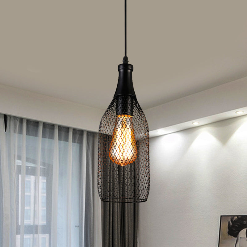 1 Light Bottle Mesh Hanging Lighting Industrial Style Black Finish Iron Pendulum Lamp Black Clearhalo 'Art Deco Pendants' 'Black' 'Cast Iron' 'Ceiling Lights' 'Ceramic' 'Crystal' 'Industrial Pendants' 'Industrial' 'Metal' 'Middle Century Pendants' 'Pendant Lights' 'Pendants' 'Rustic Pendants' 'Tiffany' Lighting' 1392153