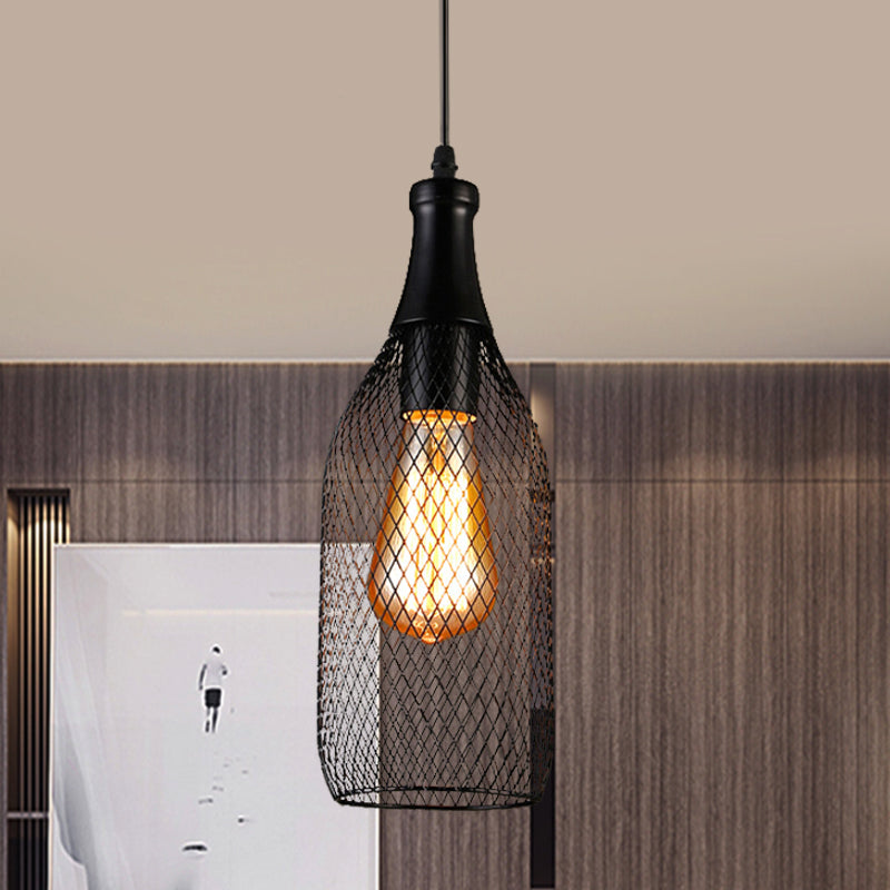 1 Light Bottle Mesh Hanging Lighting Industrial Style Black Finish Iron Pendulum Lamp Clearhalo 'Art Deco Pendants' 'Black' 'Cast Iron' 'Ceiling Lights' 'Ceramic' 'Crystal' 'Industrial Pendants' 'Industrial' 'Metal' 'Middle Century Pendants' 'Pendant Lights' 'Pendants' 'Rustic Pendants' 'Tiffany' Lighting' 1392154