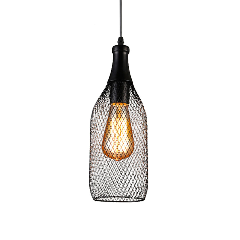 1 Light Bottle Mesh Hanging Lighting Industrial Style Black Finish Iron Pendulum Lamp Clearhalo 'Art Deco Pendants' 'Black' 'Cast Iron' 'Ceiling Lights' 'Ceramic' 'Crystal' 'Industrial Pendants' 'Industrial' 'Metal' 'Middle Century Pendants' 'Pendant Lights' 'Pendants' 'Rustic Pendants' 'Tiffany' Lighting' 1392155