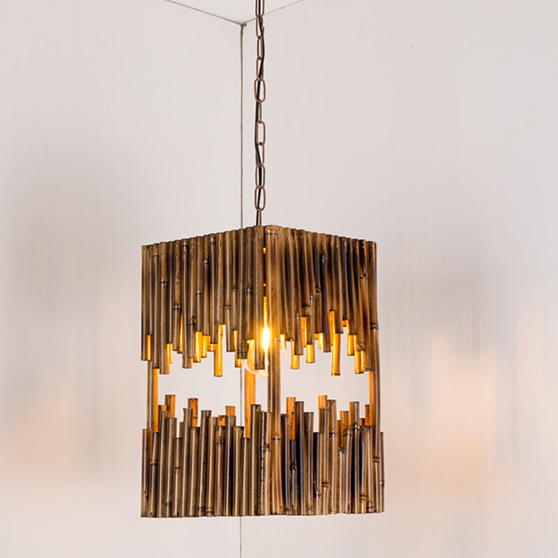 Bamboo Tube Cuboid Suspension Light Industrial 1 Bulb Restaurant Ceiling Pendant Lamp in Brown Brown Clearhalo 'Ceiling Lights' 'Industrial Pendants' 'Industrial' 'Middle Century Pendants' 'Pendant Lights' 'Pendants' 'Tiffany' Lighting' 1392173