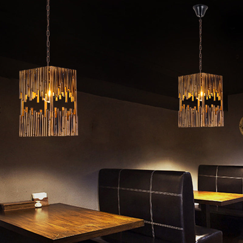 Bamboo Tube Cuboid Suspension Light Industrial 1 Bulb Restaurant Ceiling Pendant Lamp in Brown Clearhalo 'Ceiling Lights' 'Industrial Pendants' 'Industrial' 'Middle Century Pendants' 'Pendant Lights' 'Pendants' 'Tiffany' Lighting' 1392174