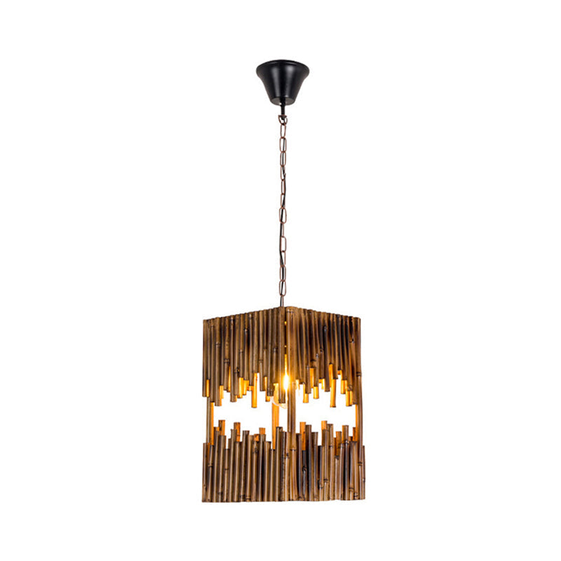 Bamboo Tube Cuboid Suspension Light Industrial 1 Bulb Restaurant Ceiling Pendant Lamp in Brown Clearhalo 'Ceiling Lights' 'Industrial Pendants' 'Industrial' 'Middle Century Pendants' 'Pendant Lights' 'Pendants' 'Tiffany' Lighting' 1392175