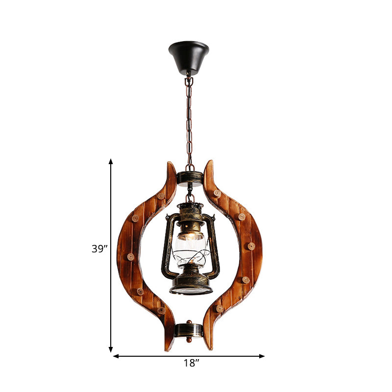 Bronze Kerosene Lamp Shape Pendant Coastal Style Metal 1 Light Bar Hanging Light with Wood Frame Clearhalo 'Art Deco Pendants' 'Cast Iron' 'Ceiling Lights' 'Ceramic' 'Crystal' 'Industrial Pendants' 'Industrial' 'Metal' 'Middle Century Pendants' 'Pendant Lights' 'Pendants' 'Tiffany' Lighting' 1392180