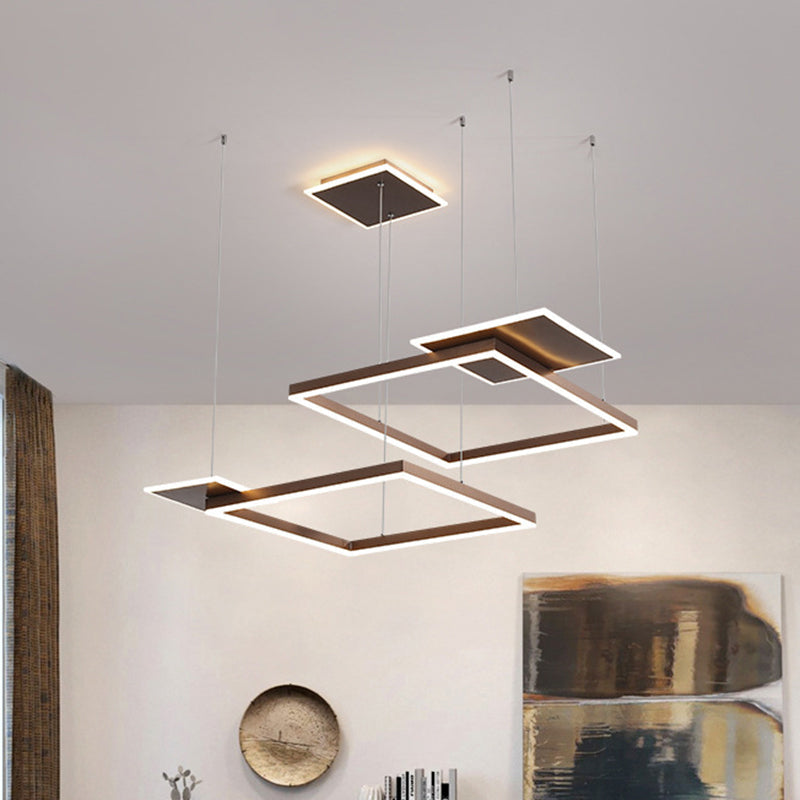 Square Suspension Chandelier Pendant Light Modernist LED Metal Ceiling Lamp in Gold/Coffee, Warm/White Light Coffee Clearhalo 'Ceiling Lights' 'Modern Pendants' 'Modern' 'Pendant Lights' 'Pendants' Lighting' 1392254