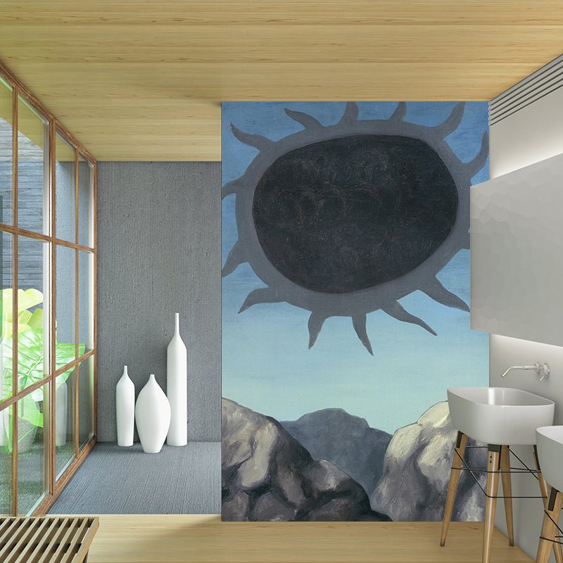 Surrealistic Sun Painting Mural Decal in Grey-Blue Living Room Wall Covering, Optional Size Clearhalo 'Wall Decor' 'Wall Mural' 1392843