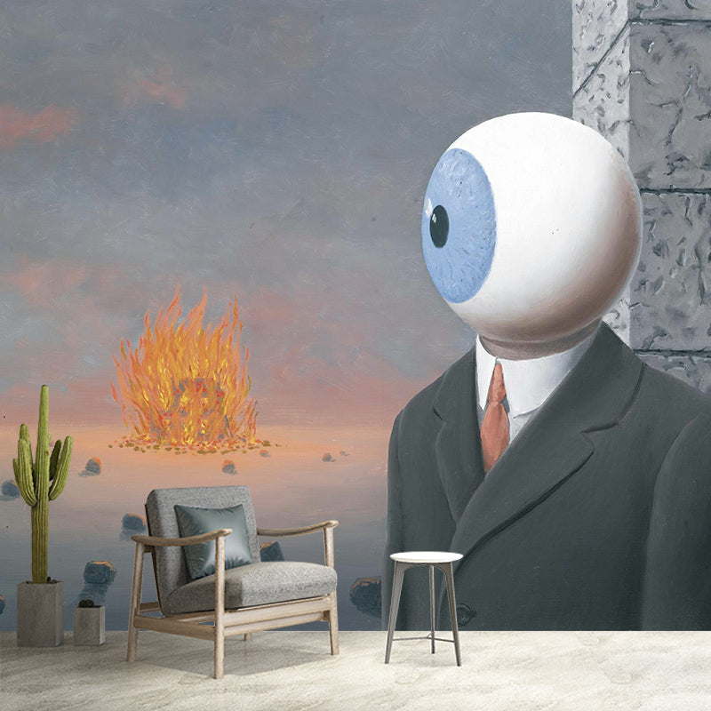 Surreal Eyeball Man Wall Mural for Bedroom Custom Size Wall Decoration in Black-Grey Clearhalo 'Wall Decor' 'Wall Mural' 1392889