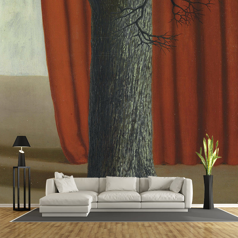 Illustration Bare Tree Painting Mural Wallpaper for Bedroom, Red-Grey, Made to Measure Clearhalo 'Wall Decor' 'Wall Mural' 1392903