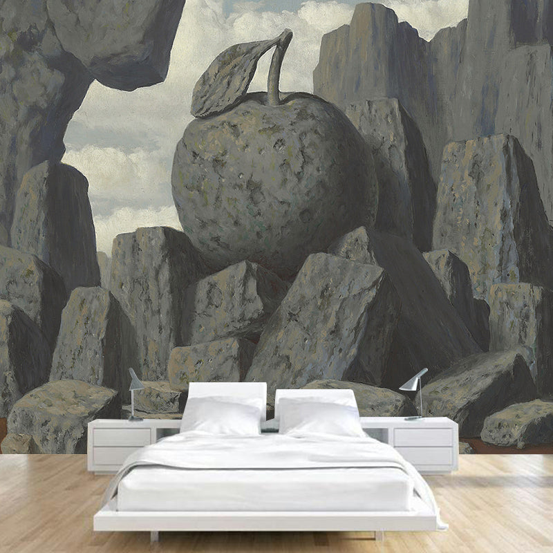 Grey Stone Mountain Wall Murals Magritte Artwork Surrealism Waterproof Wall Covering for Bedroom Clearhalo 'Wall Decor' 'Wall Mural' 1392908