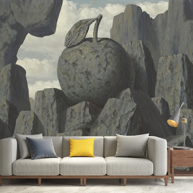 Grey Stone Mountain Wall Murals Magritte Artwork Surrealism Waterproof Wall Covering for Bedroom Clearhalo 'Wall Decor' 'Wall Mural' 1392909