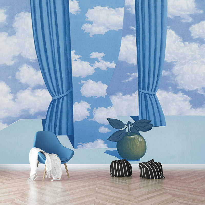 Rene the Beautiful World Mural in Blue-White Surrealism Wall Covering for Accent Wall Blue-White Clearhalo 'Wall Decor' 'Wall Mural' 1392922