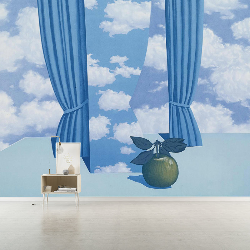 Rene the Beautiful World Mural in Blue-White Surrealism Wall Covering for Accent Wall Clearhalo 'Wall Decor' 'Wall Mural' 1392923