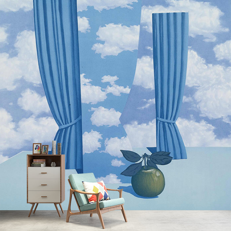 Rene the Beautiful World Mural in Blue-White Surrealism Wall Covering for Accent Wall Clearhalo 'Wall Decor' 'Wall Mural' 1392924