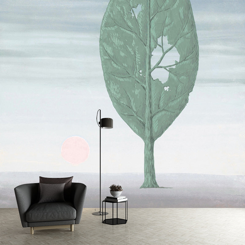 Decayed Leaf Tree Wall Murals for Living Room, Blue-Green, Personalized Size Available Blue-Green Clearhalo 'Wall Decor' 'Wall Mural' 1392967