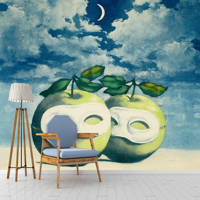 Night Scene Hesitation Waltz Mural Surrealistic Non-Woven Material Wall Art in Blue-Green Blue-Green Clearhalo 'Wall Decor' 'Wall Mural' 1392982