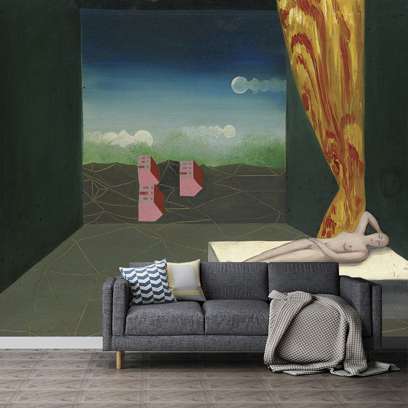 Surrealism Art Gallery Mural Decal Grey-Green Living Room Wall Covering, Made to Measure Clearhalo 'Wall Decor' 'Wall Mural' 1392994