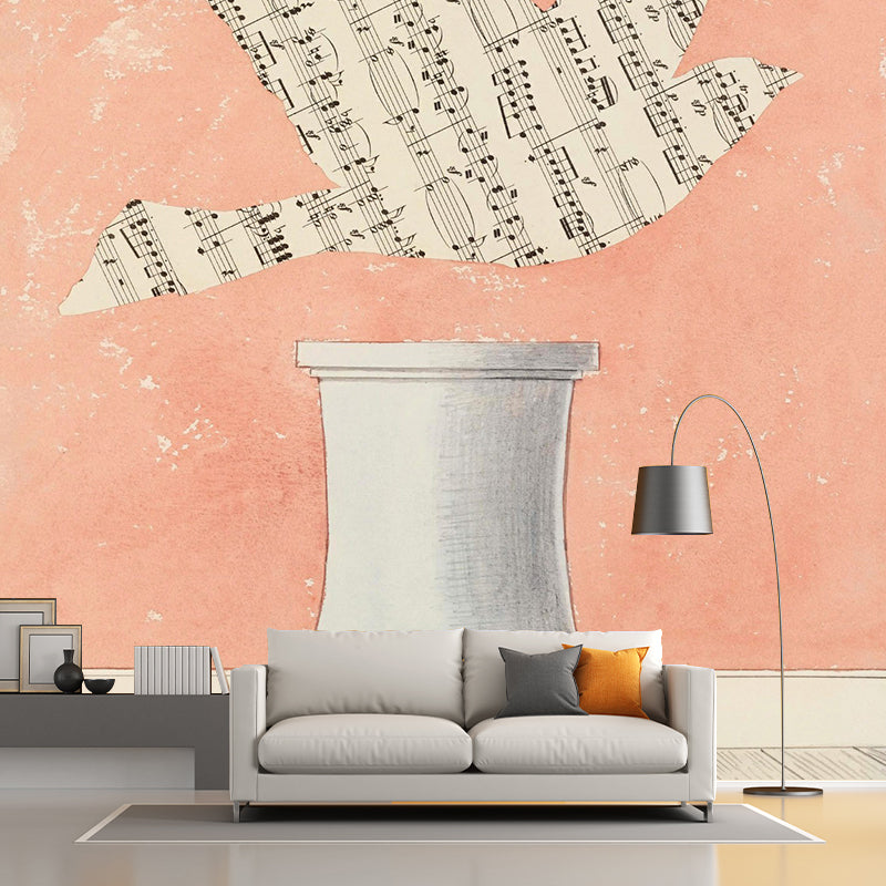 Full Size Sparrow Wall Mural Decal Surreal Enigmatic Musical Note Wall Art in Pink-Blue Clearhalo 'Wall Decor' 'Wall Mural' 1393004