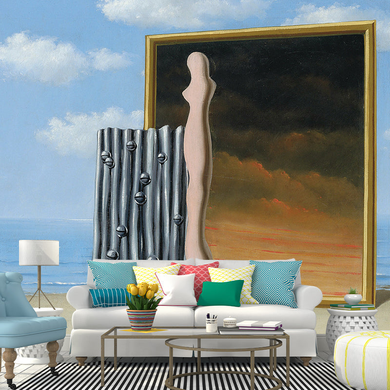 Yellow-Blue Surrealist Mural Wallpaper Full-Size Composition on a Sea Shore Painting Wall Decor for Home Yellow-Blue Clearhalo 'Wall Decor' 'Wall Mural' 1393007