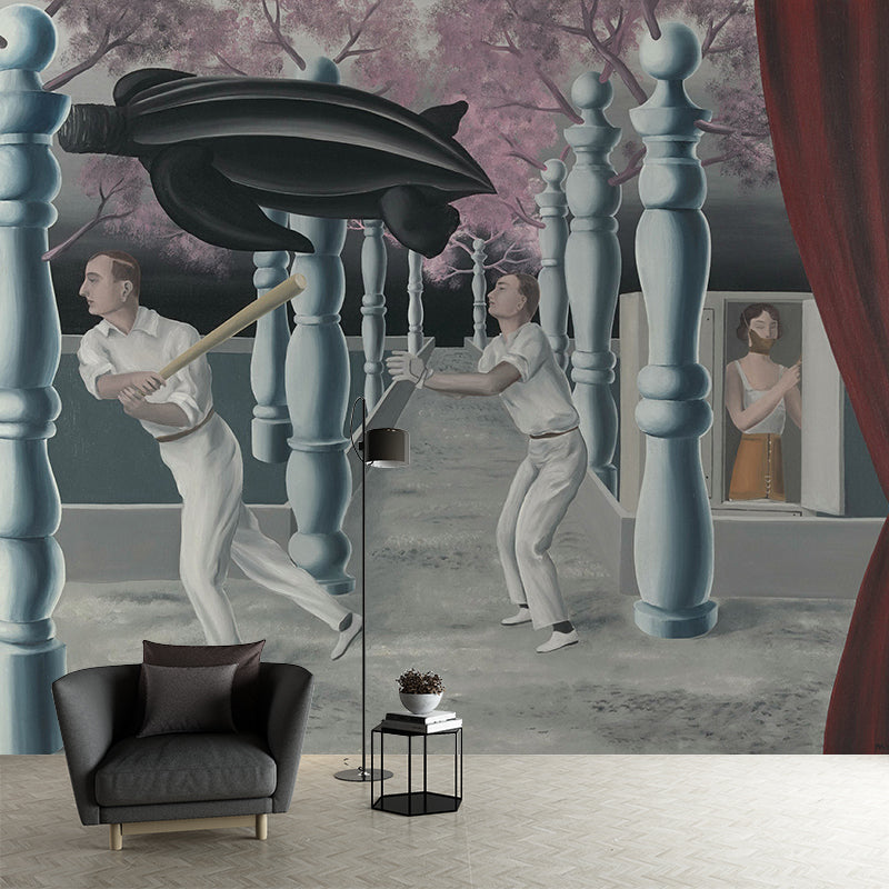 Secret Player Artistic Murals Surrealism Smooth Wall Decor in Grey-Pink for Living Room Clearhalo 'Wall Decor' 'Wall Mural' 1393018