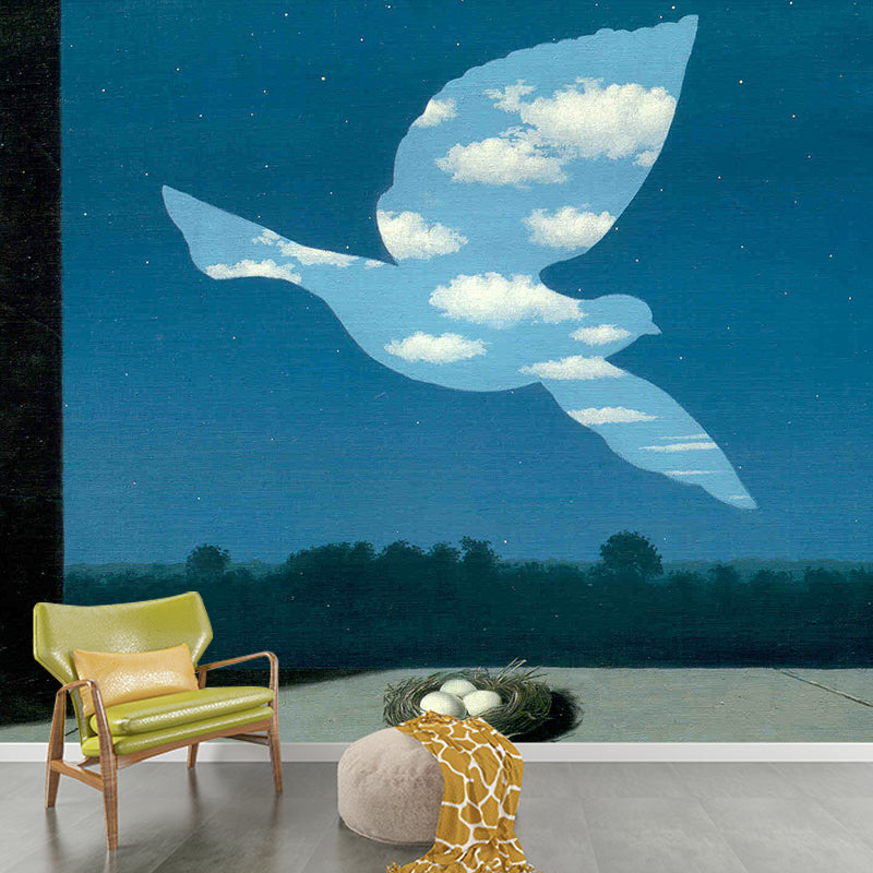 Magritte Artwork the Return Murals Surrealism Non-Woven Fabric Wall Decoration in Blue-White Blue-White Clearhalo 'Wall Decor' 'Wall Mural' 1393022