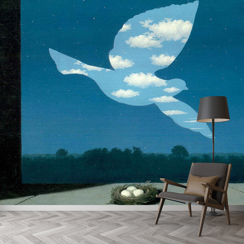 Magritte Artwork the Return Murals Surrealism Non-Woven Fabric Wall Decoration in Blue-White Clearhalo 'Wall Decor' 'Wall Mural' 1393023