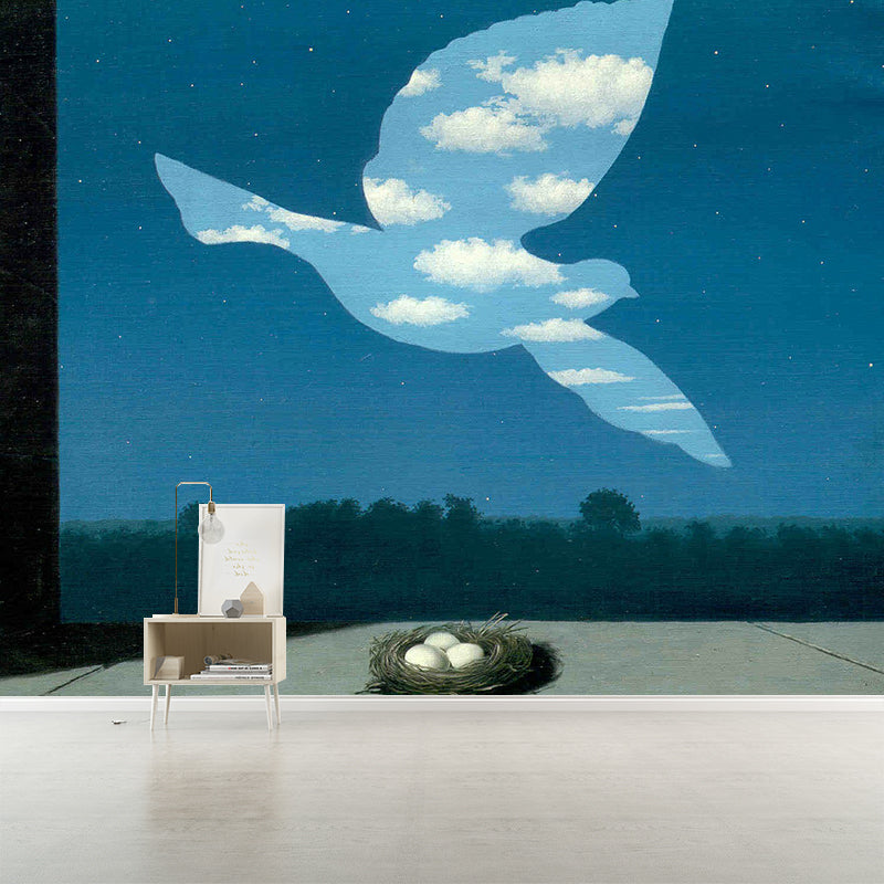 Magritte Artwork the Return Murals Surrealism Non-Woven Fabric Wall Decoration in Blue-White Clearhalo 'Wall Decor' 'Wall Mural' 1393024