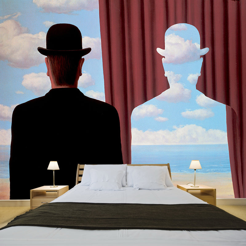 Red-Blue Surrealist Wall Mural Decal Large Rene Magritte Decalcomania Wall Decor for Living Room Clearhalo 'Wall Decor' 'Wall Mural' 1393028