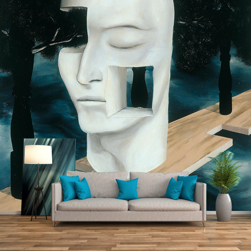 Rene Magritte Head Drawing Murals Surreal Water-Proof Home Gallery Wall Art, Made to Measure Blue-White Clearhalo 'Wall Decor' 'Wall Mural' 1393032