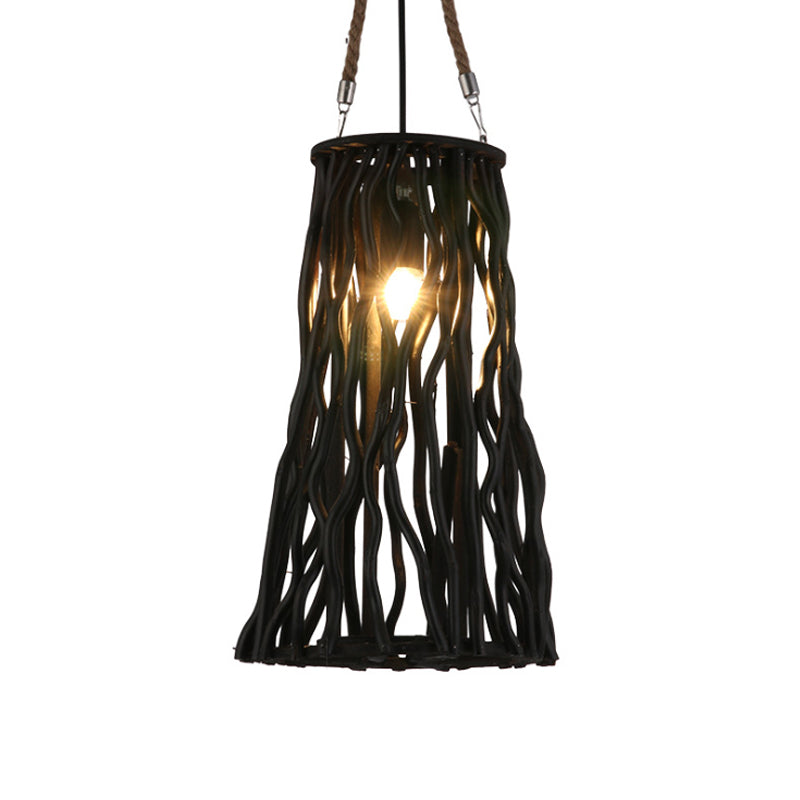 Rustic Barrel/Cone/Globe Pendant Ceiling Light Wood 1 Bulb Dining Room Hanging Lamp in Black Clearhalo 'Ceiling Lights' 'Pendant Lights' 'Pendants' Lighting' 139305