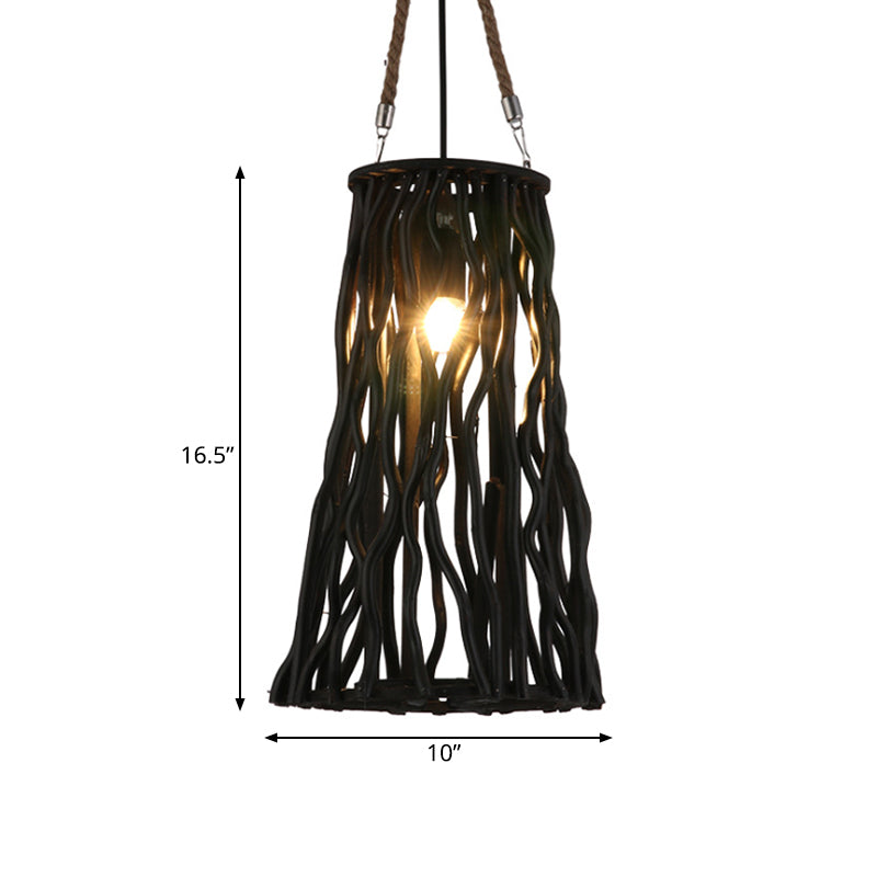 Rustic Barrel/Cone/Globe Pendant Ceiling Light Wood 1 Bulb Dining Room Hanging Lamp in Black Clearhalo 'Ceiling Lights' 'Pendant Lights' 'Pendants' Lighting' 139306