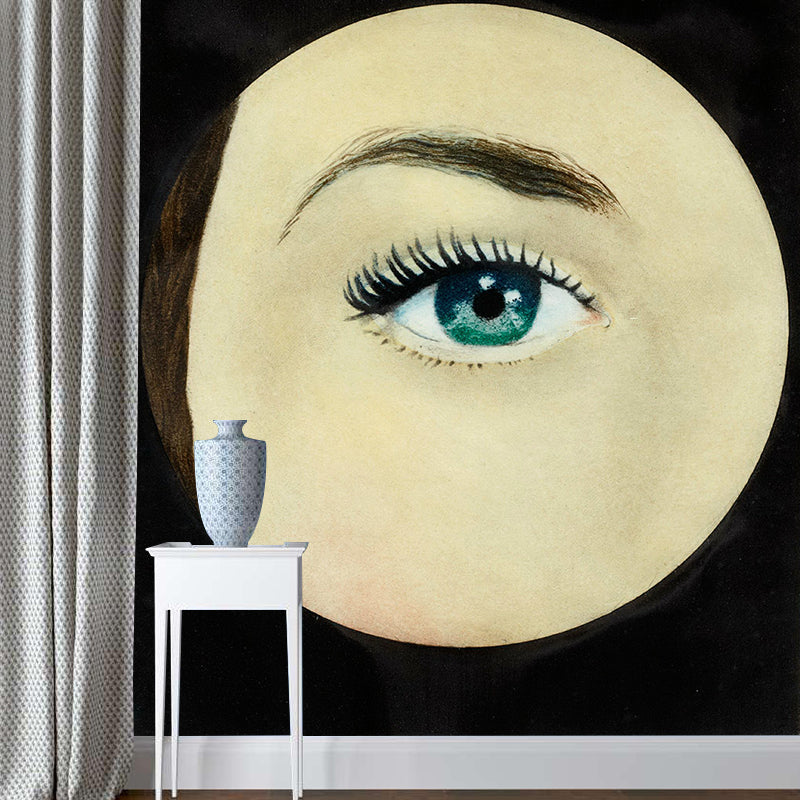 Surreal Magritte Artwork L'Oeil Mural Grey-Yellow Stain Proof Wall Decor for Living Room Clearhalo 'Wall Decor' 'Wall Mural' 1393079