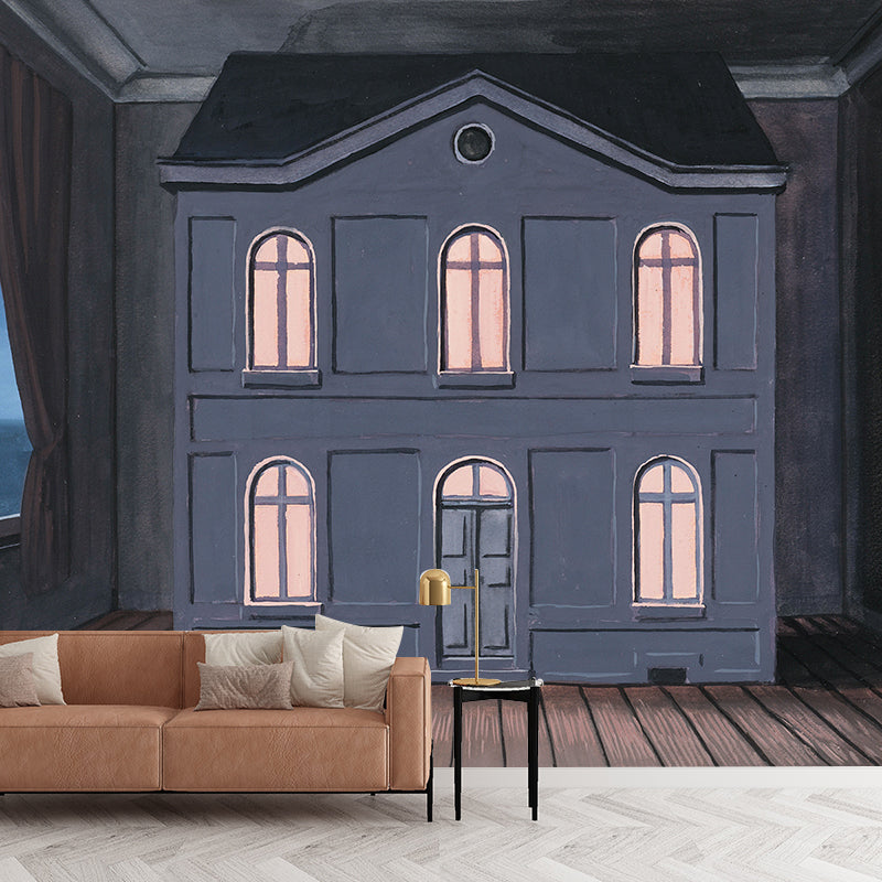 Casa De Rene Magritte Murals Wallpaper Grey-Blue Surrealism Style Wall Art for Home Clearhalo 'Wall Decor' 'Wall Mural' 1393088