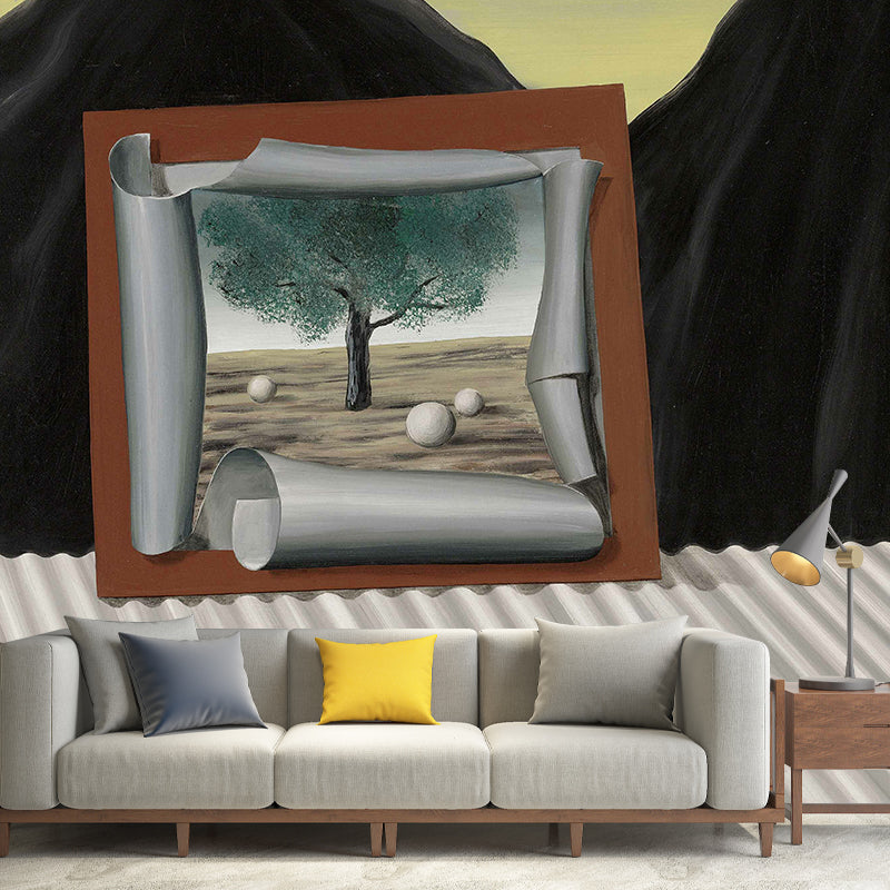 Custom Illustration Surreal Wall Mural with Rene Magritte the Signs of Evening Painting in Grey-Black Gray-Black Clearhalo 'Wall Decor' 'Wall Mural' 1393137