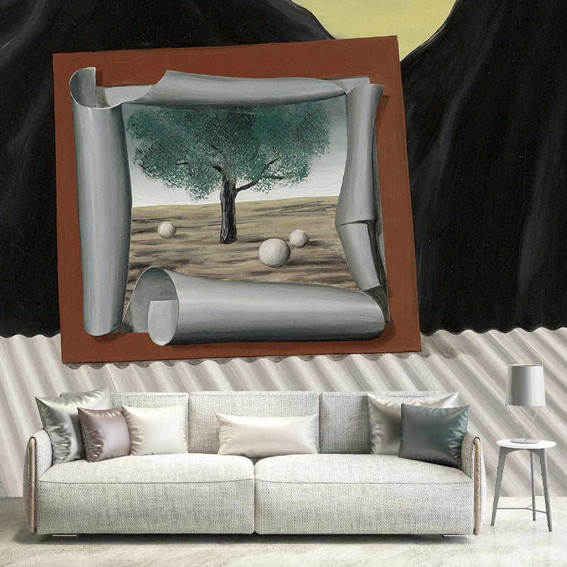 Custom Illustration Surreal Wall Mural with Rene Magritte the Signs of Evening Painting in Grey-Black Clearhalo 'Wall Decor' 'Wall Mural' 1393139