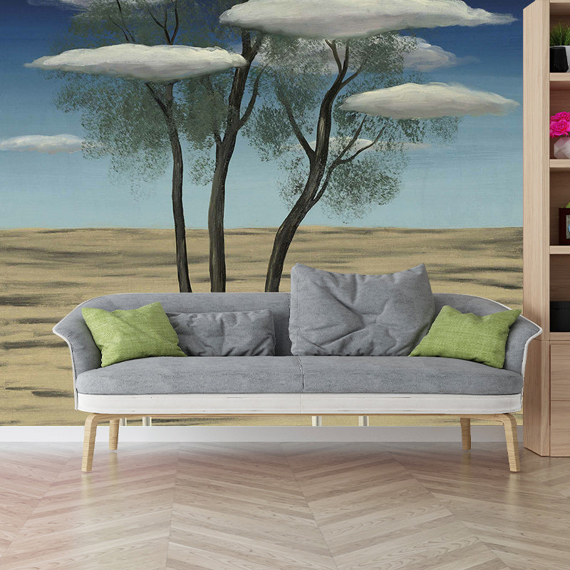 Surrealist Magritte the Oasis Murals in Yellow-Blue Moisture Resistant Wall Art for Living Room Clearhalo 'Wall Decor' 'Wall Mural' 1393143