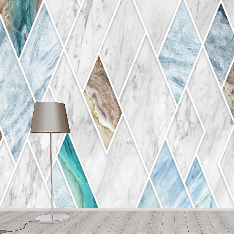 Blue-White Marble Wallpaper Mural Rhombus-Pattern Modern Stain Resistant Wall Art Blue-White Clearhalo 'Wall Decor' 'Wall Mural' 1393182