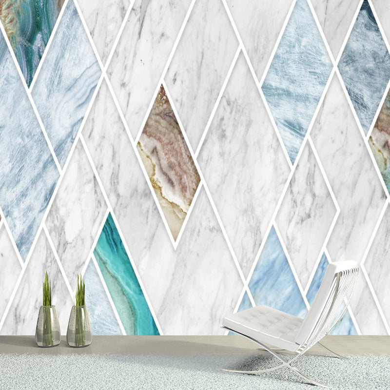 Blue-White Marble Wallpaper Mural Rhombus-Pattern Modern Stain Resistant Wall Art Clearhalo 'Wall Decor' 'Wall Mural' 1393183