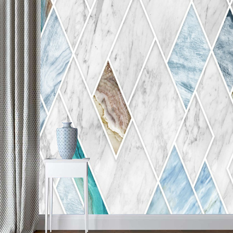 Blue-White Marble Wallpaper Mural Rhombus-Pattern Modern Stain Resistant Wall Art Clearhalo 'Wall Decor' 'Wall Mural' 1393184