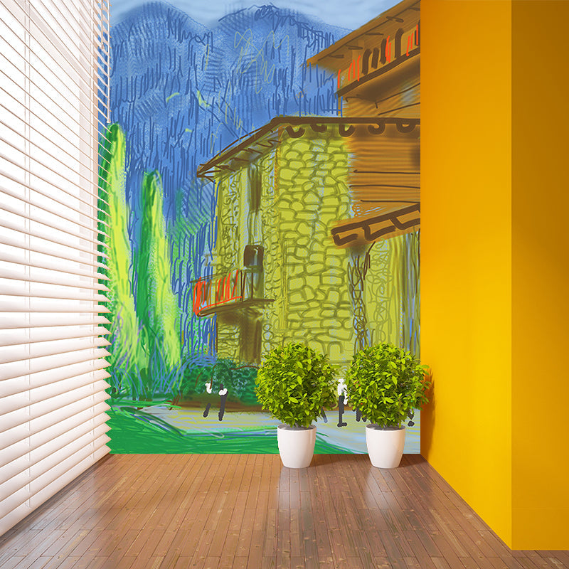 Pop Art Resort Wallpaper Murals Blue-Orange-Yellow Hockney Digital Painting Wall Decor Blue-Orange-Yellow Clearhalo 'Wall Decor' 'Wall Mural' 1393202