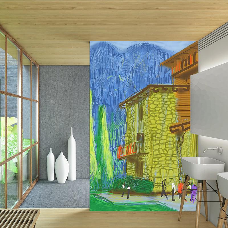 Pop Art Resort Wallpaper Murals Blue-Orange-Yellow Hockney Digital Painting Wall Decor Clearhalo 'Wall Decor' 'Wall Mural' 1393204