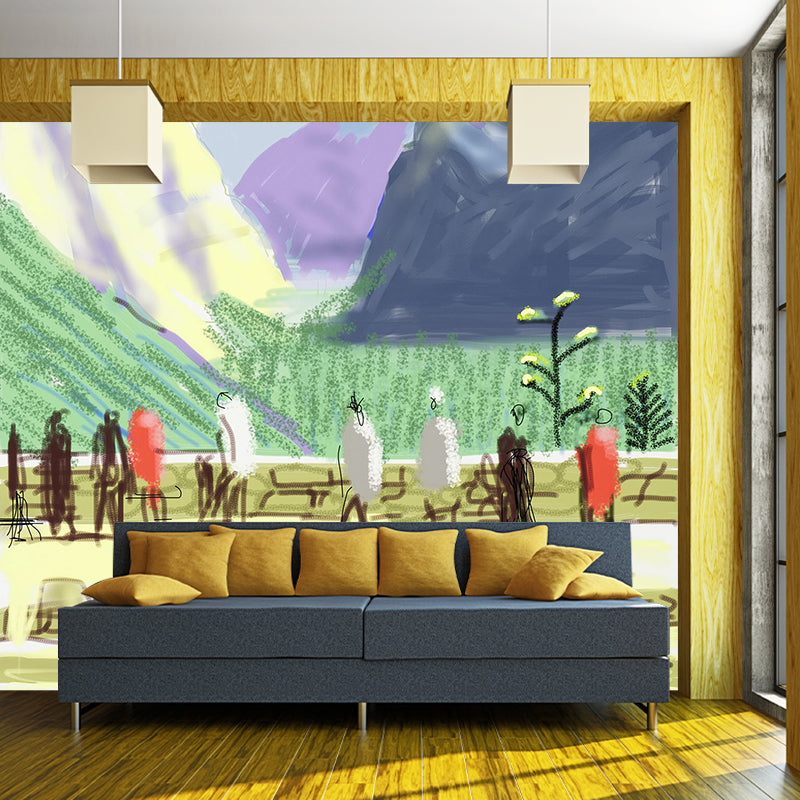 David Hockney Mountain Drawing Murals Artistic Non-Woven Wall Covering in Blue-Yellow-Green Blue-Yellow-Green Clearhalo 'Wall Decor' 'Wall Mural' 1393207