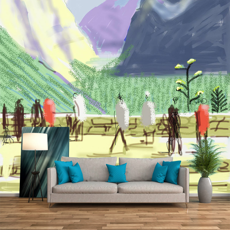 David Hockney Mountain Drawing Murals Artistic Non-Woven Wall Covering in Blue-Yellow-Green Clearhalo 'Wall Decor' 'Wall Mural' 1393209