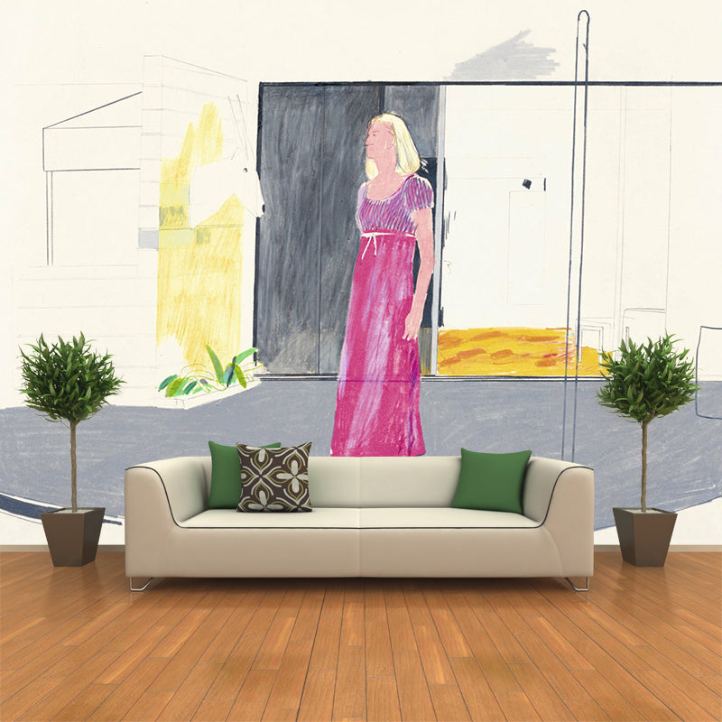 Custom Illustration Modern Art Murals with Woman at Hotel Front Painting in Grey-Purple Clearhalo 'Wall Decor' 'Wall Mural' 1393234