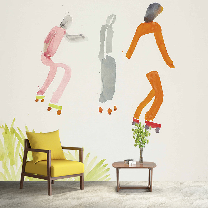 Modern Art Boys Wallpaper Murals with Ice Skating Drawing Pink-Orange Wall Covering Pink-Orange Clearhalo 'Wall Decor' 'Wall Mural' 1393267