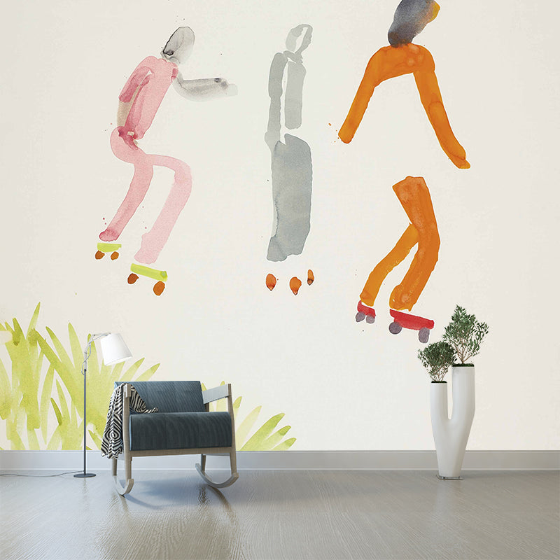 Modern Art Boys Wallpaper Murals with Ice Skating Drawing Pink-Orange Wall Covering Clearhalo 'Wall Decor' 'Wall Mural' 1393268