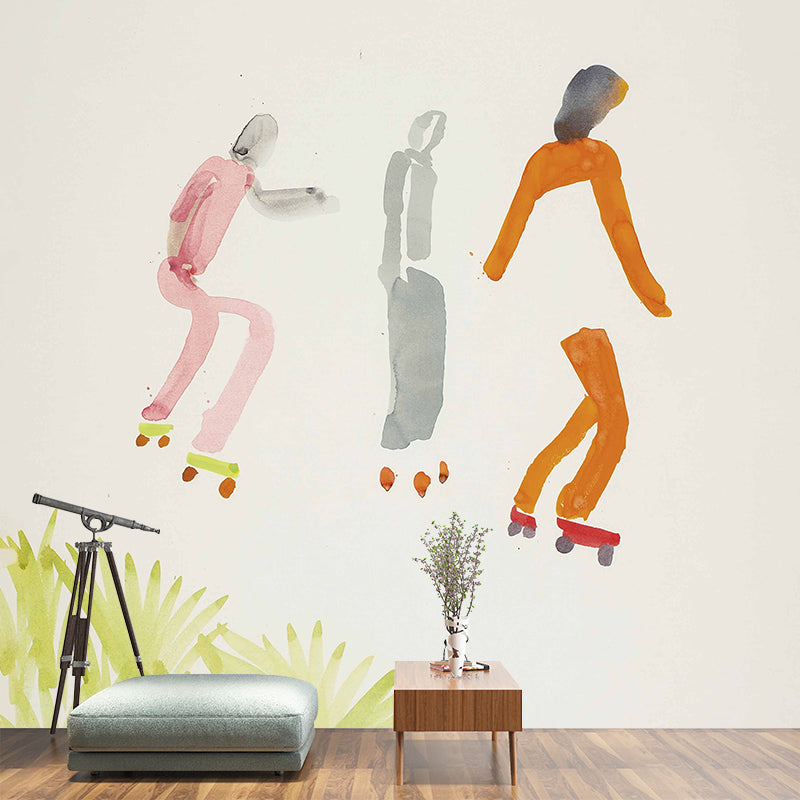 Modern Art Boys Wallpaper Murals with Ice Skating Drawing Pink-Orange Wall Covering Clearhalo 'Wall Decor' 'Wall Mural' 1393269