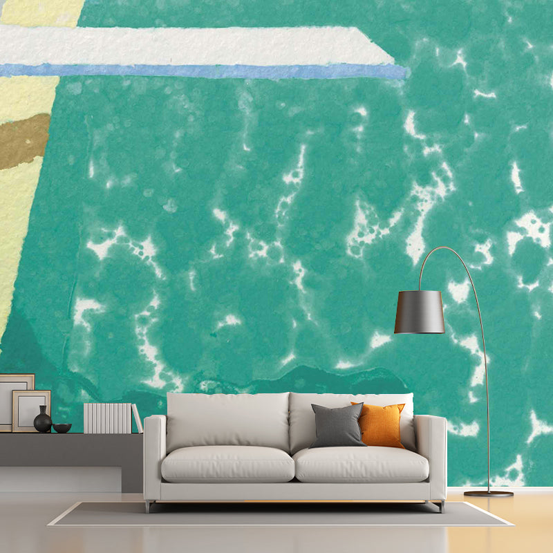 Green Pool Jump Board Mural Waterproof Art Deco Living Room Wall Covering, Custom-Print Clearhalo 'Wall Decor' 'Wall Mural' 1393289