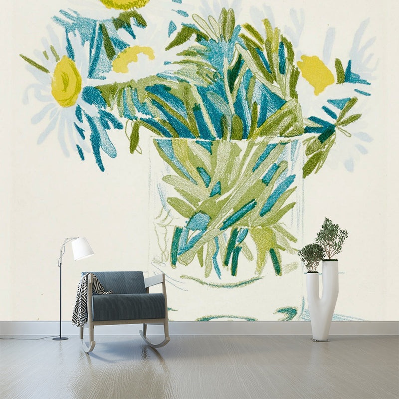 Glass of Daisy Flower Murals Yellow-Green Modern Art Wall Covering for Girls Room Clearhalo 'Wall Decor' 'Wall Mural' 1393314