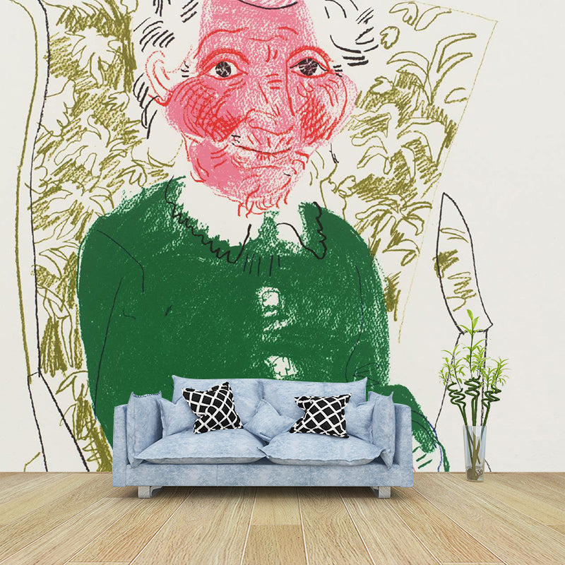 Non-Woven Large Pink-Green Mural Artistic David Hockney Portrait of Mother Wall Decor, Custom Printed Pink-Green Clearhalo 'Wall Decor' 'Wall Mural' 1393317