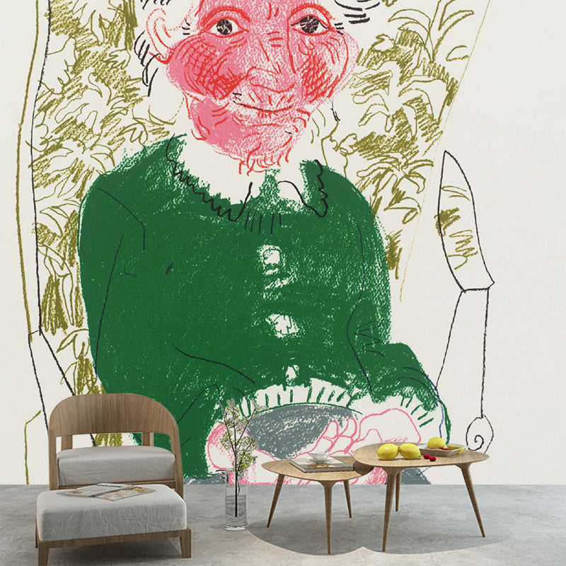 Non-Woven Large Pink-Green Mural Artistic David Hockney Portrait of Mother Wall Decor, Custom Printed Clearhalo 'Wall Decor' 'Wall Mural' 1393318